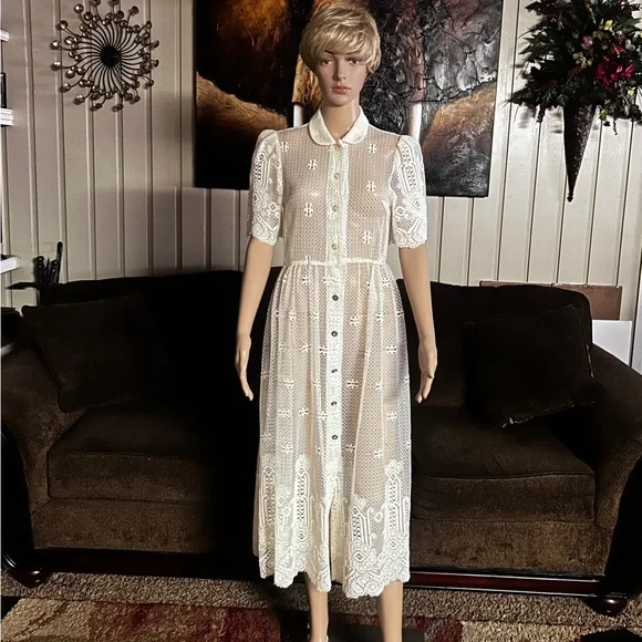 Vintage (1960’s) USA ~ Size 6 ~ Net Floral Lace Edwardian Embroidery Sexy Dress - Picture 4 of 16